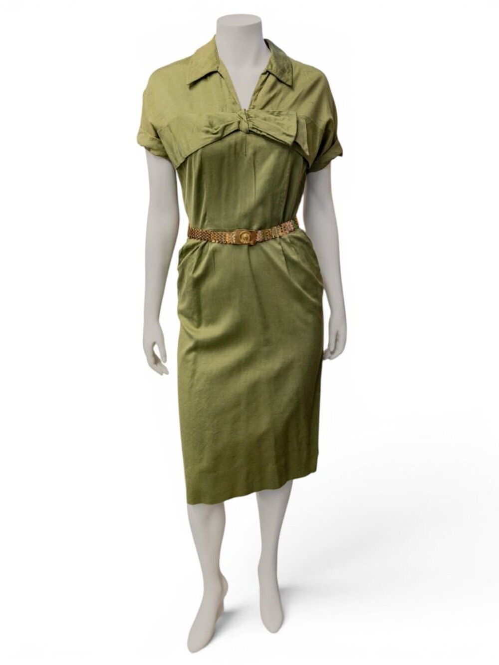 1960s Kabo of Houston Olive Silk Wiggle Dress with Bow Neckline & Pockets